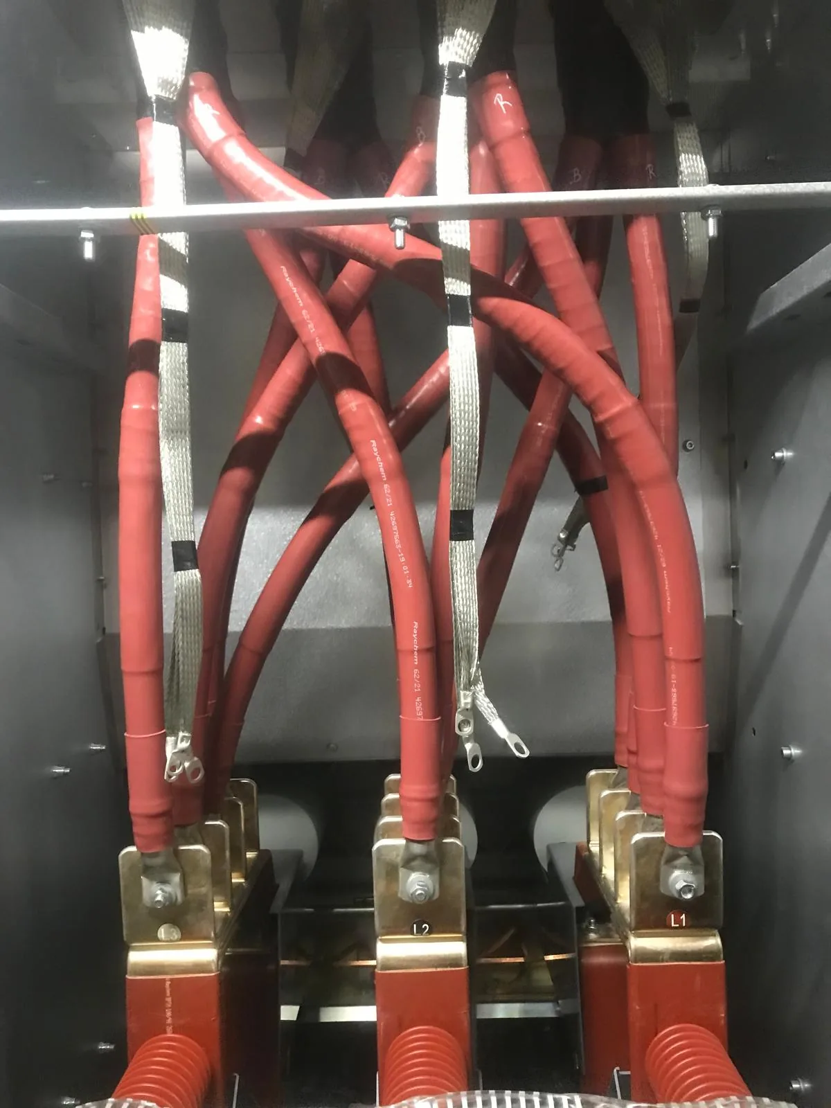 Completed indoor HV cable termination onto switchgear lugs